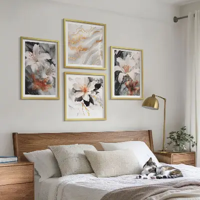 Polyptychon mit Rahmen Motiv Blumen in Marmoroptik weiß und schwarz