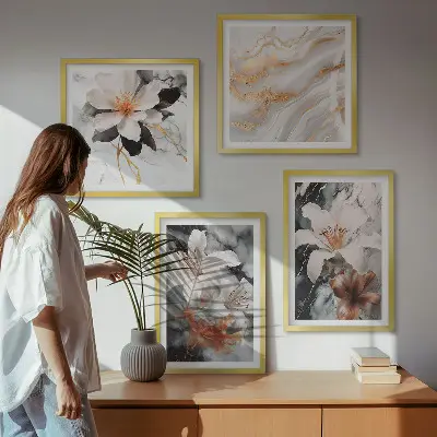 Polyptychon mit Rahmen Motiv Blumen in Marmoroptik weiß und schwarz