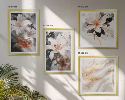 Polyptychon mit Rahmen Motiv Blumen in Marmoroptik weiß und schwarz