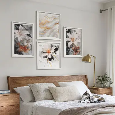 Polyptychon mit Rahmen Motiv Blumen in Marmoroptik weiß und schwarz
