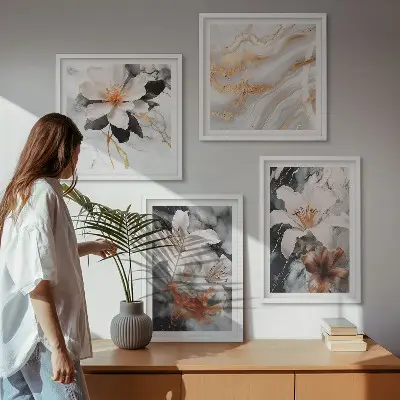 Polyptychon mit Rahmen Motiv Blumen in Marmoroptik weiß und schwarz