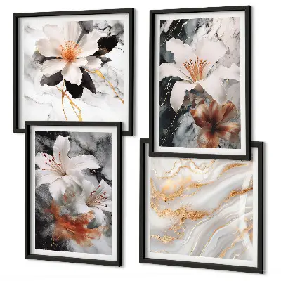 Polyptychon mit Rahmen Motiv Blumen in Marmoroptik weiß und schwarz