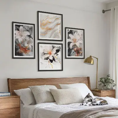 Polyptychon mit Rahmen Motiv Blumen in Marmoroptik weiß und schwarz