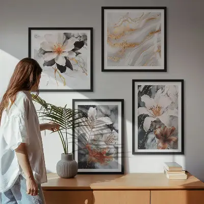 Polyptychon mit Rahmen Motiv Blumen in Marmoroptik weiß und schwarz