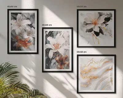 Polyptychon mit Rahmen Motiv Blumen in Marmoroptik weiß und schwarz