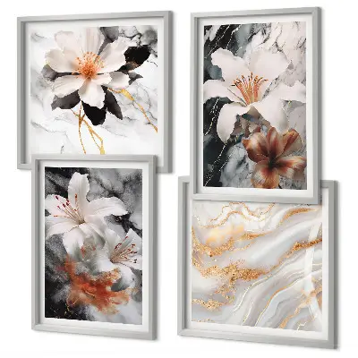 Polyptychon mit Rahmen Motiv Blumen in Marmoroptik weiß und schwarz