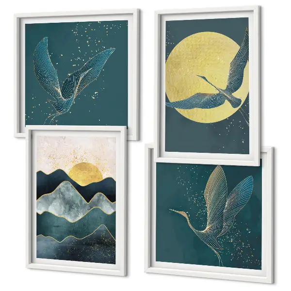 Wanddeko-Set mit Vögeln, Kranichen, Mond und Bergen