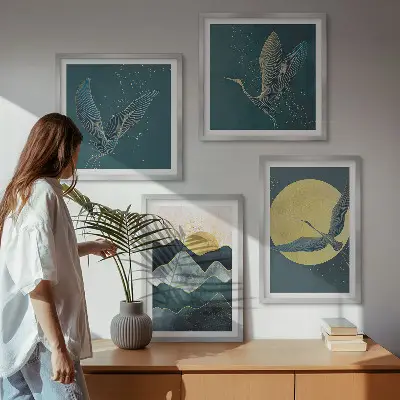 Wanddeko-Set mit Vögeln, Kranichen, Mond und Bergen