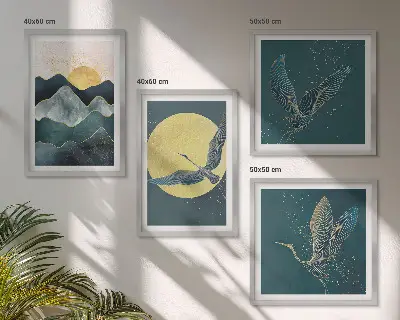 Wanddeko-Set mit Vögeln, Kranichen, Mond und Bergen