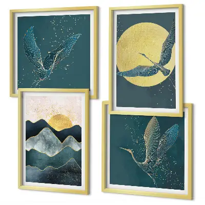 Wanddeko-Set mit Vögeln, Kranichen, Mond und Bergen