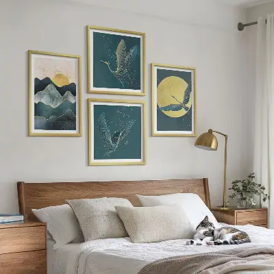 Wanddeko-Set mit Vögeln, Kranichen, Mond und Bergen