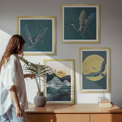 Wanddeko-set Vögel, Kraniche, Mond, Berge