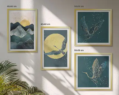 Wanddeko-Set mit Vögeln, Kranichen, Mond und Bergen