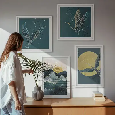 Wanddeko-Set mit Vögeln, Kranichen, Mond und Bergen