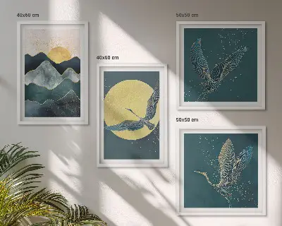 Wanddeko-Set mit Vögeln, Kranichen, Mond und Bergen