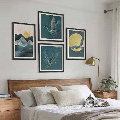 Wanddeko-Set mit Vögeln, Kranichen, Mond und Bergen