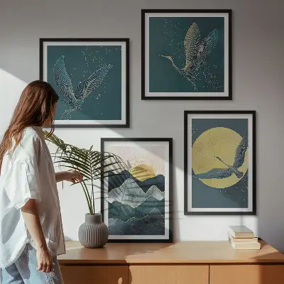 Wanddeko-Set mit Vögeln, Kranichen, Mond und Bergen