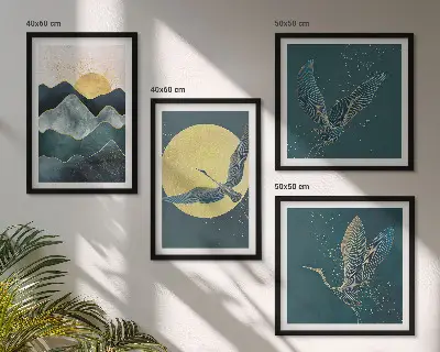 Wanddeko-Set mit Vögeln, Kranichen, Mond und Bergen