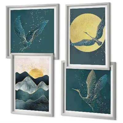 Wanddeko-Set mit Vögeln, Kranichen, Mond und Bergen