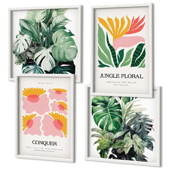 Blumen und Blätter moderne Poster als Polyptychon mit Rahmen