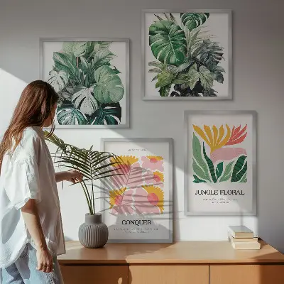 Blumen und Blätter moderne Poster als Polyptychon mit Rahmen