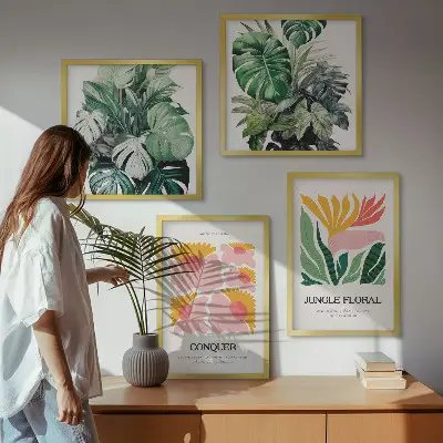 Blumen und Blätter moderne Poster als Polyptychon mit Rahmen
