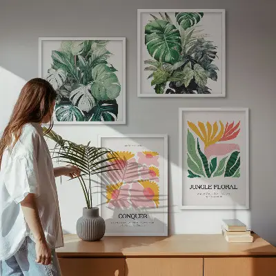 Blumen und Blätter moderne Poster als Polyptychon mit Rahmen