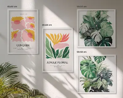 Blumen und Blätter moderne Poster als Polyptychon mit Rahmen