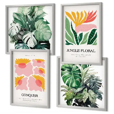 Blumen und Blätter moderne Poster als Polyptychon mit Rahmen