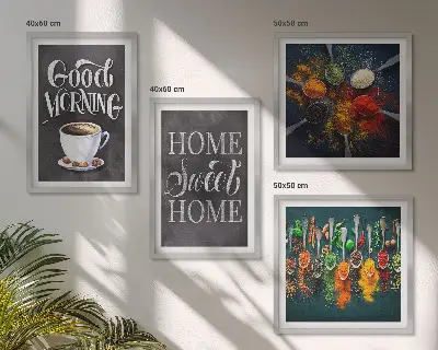 Wanddeko-Set mit Motiven von Gewürzen, Kaffee, Tassen und Kräutern