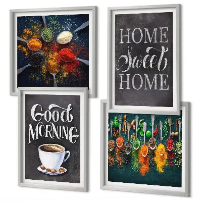 Wanddeko-Set mit Motiven von Gewürzen, Kaffee, Tassen und Kräutern