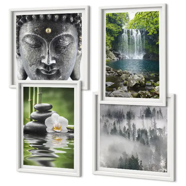 Polyptychon mit Rahmen Harmonie der Natur mit Steinen, Wasser und Buddha