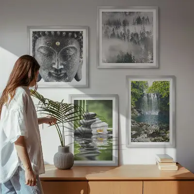 Polyptychon mit Rahmen Harmonie der Natur mit Steinen, Wasser und Buddha