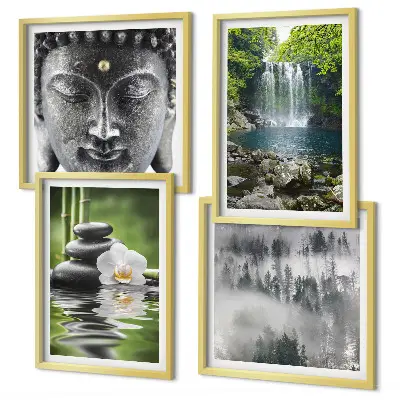 Polyptychon mit Rahmen Harmonie der Natur mit Steinen, Wasser und Buddha