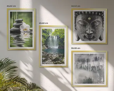 Polyptychon mit Rahmen Harmonie der Natur mit Steinen, Wasser und Buddha