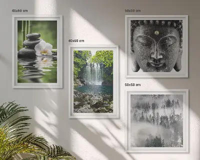 Polyptychon mit Rahmen Harmonie der Natur mit Steinen, Wasser und Buddha