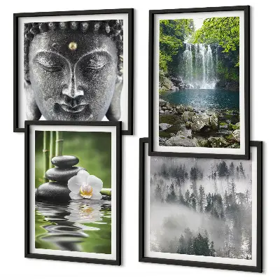 Polyptychon mit Rahmen Harmonie der Natur mit Steinen, Wasser und Buddha
