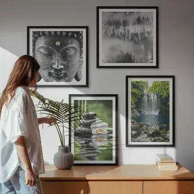Polyptychon mit Rahmen Harmonie der Natur mit Steinen, Wasser und Buddha