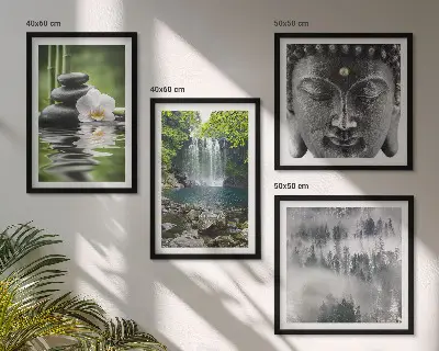 Polyptychon mit Rahmen Harmonie der Natur mit Steinen, Wasser und Buddha