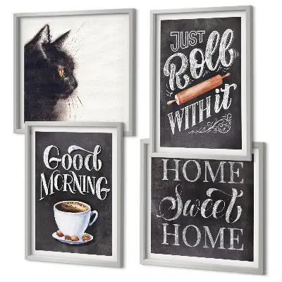 Wandbild mit Katzenmotiv in der Küche mehrteiliger Kunstdruck mit Rahmen