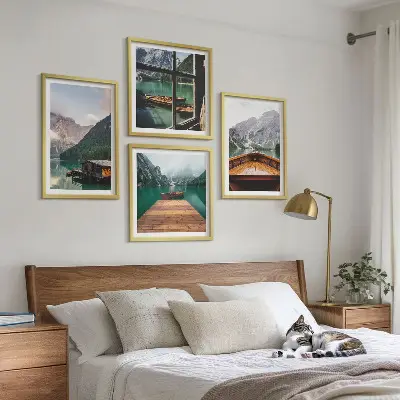 Polyptychon mit Rahmen Berglandschaften mit Ferienhäusern und Booten