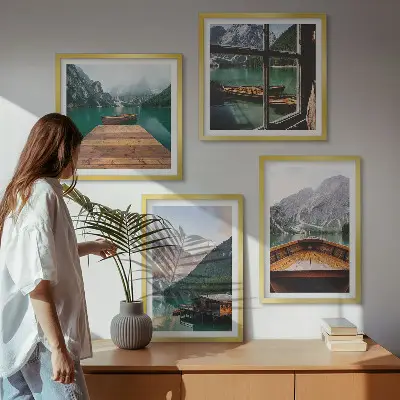 Polyptychon mit Rahmen Berglandschaften mit Ferienhäusern und Booten