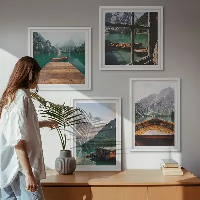 Polyptychon mit Rahmen Berglandschaften mit Ferienhäusern und Booten