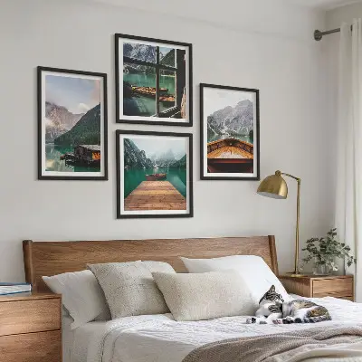 Polyptychon mit Rahmen Berglandschaften mit Ferienhäusern und Booten