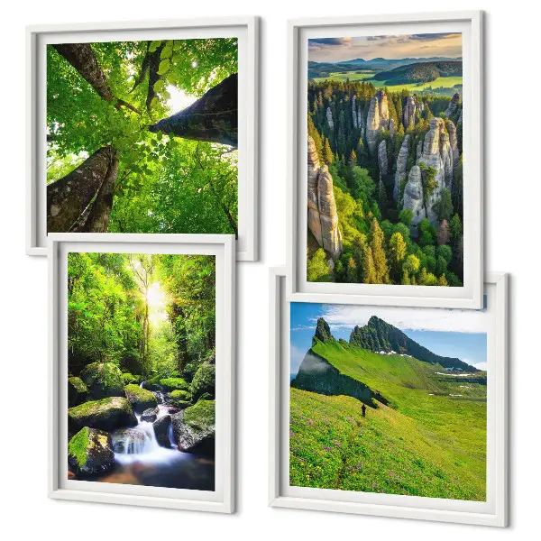 Wandbild Grüne Berge Wasserfallwald als mehrteiliges Bild mit Rahmen