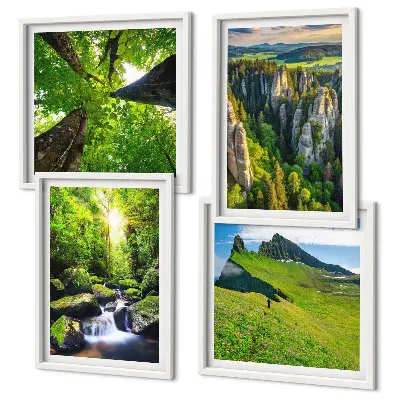 Wandbild Grüne Berge Wasserfallwald als mehrteiliges Bild mit Rahmen