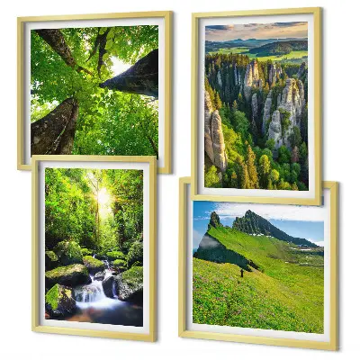 Wandbild Grüne Berge Wasserfallwald als mehrteiliges Bild mit Rahmen
