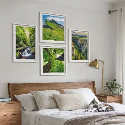 Wandbild Grüne Berge Wasserfallwald als mehrteiliges Bild mit Rahmen