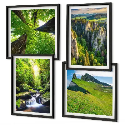 Wandbild Grüne Berge Wasserfallwald als mehrteiliges Bild mit Rahmen