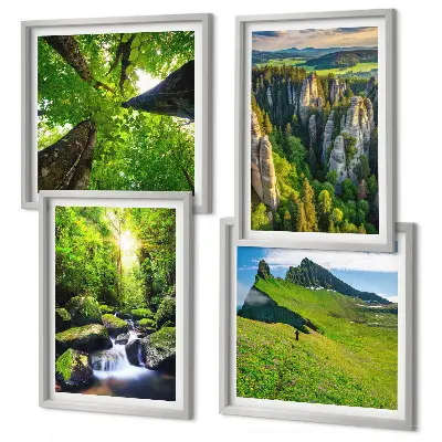 Wandbild Grüne Berge Wasserfallwald als mehrteiliges Bild mit Rahmen